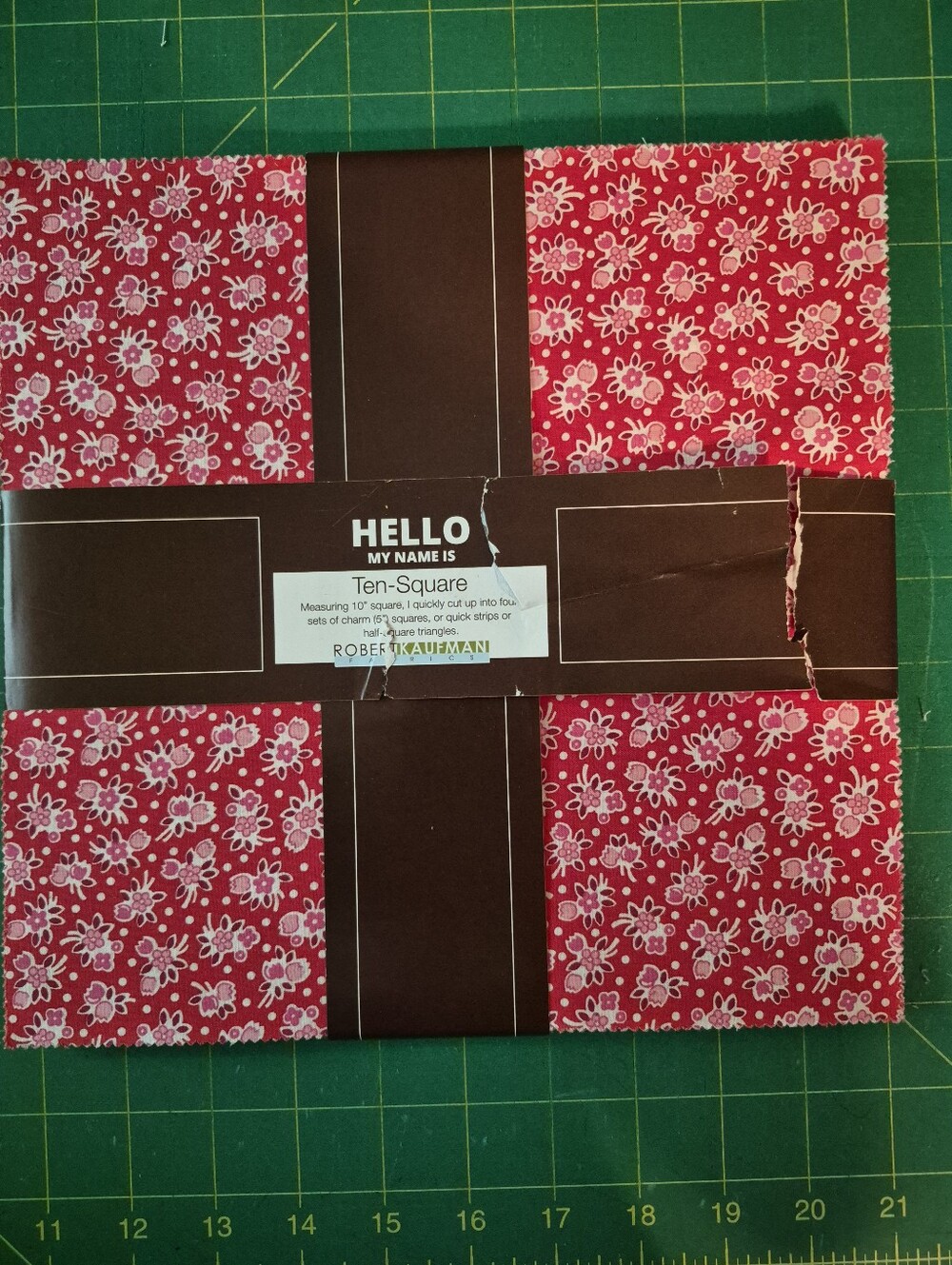 Hello My Name Is Ten-Square Quilting Fabric Pack - Red Floral